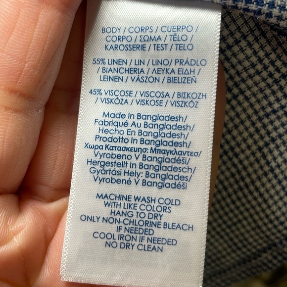 Chaps navy and white houndstooth button down linen blend shirt sz M - Picture 6 of 6